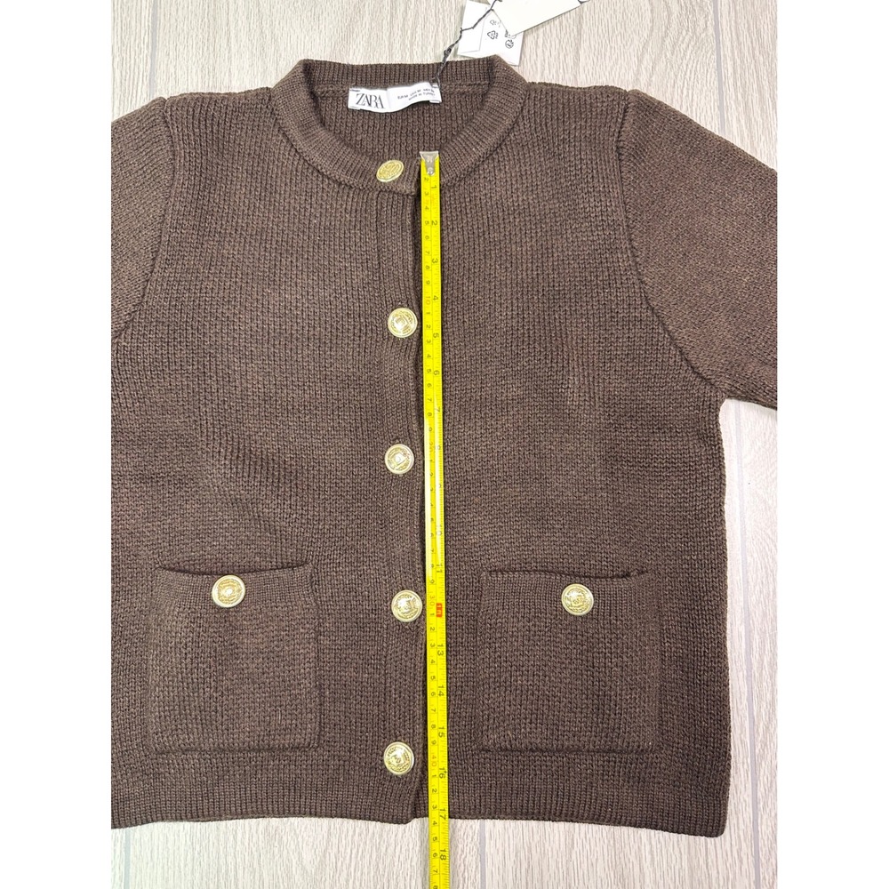 ZARA Women's Brown Knit Cardigan Gold Button Pockets Crew Neck Size M - Picture 14 of 15